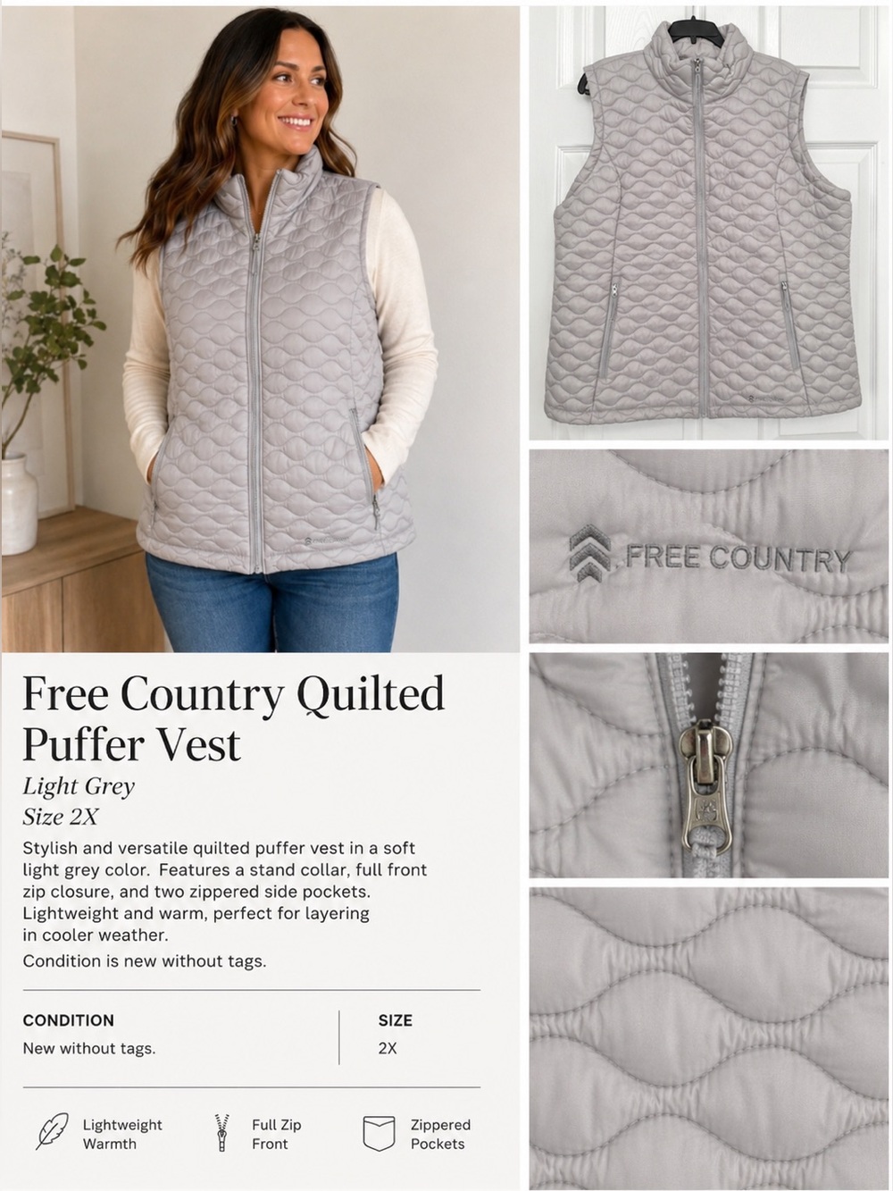 Free Country Light Grey Quilted Puffer Vest with Stand Collar Sz 2X